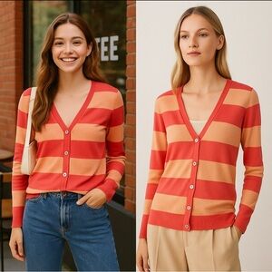 Levis Womens Striped Cardigan Pink Orange V Neck Cotton Viscose Knit Sweater M